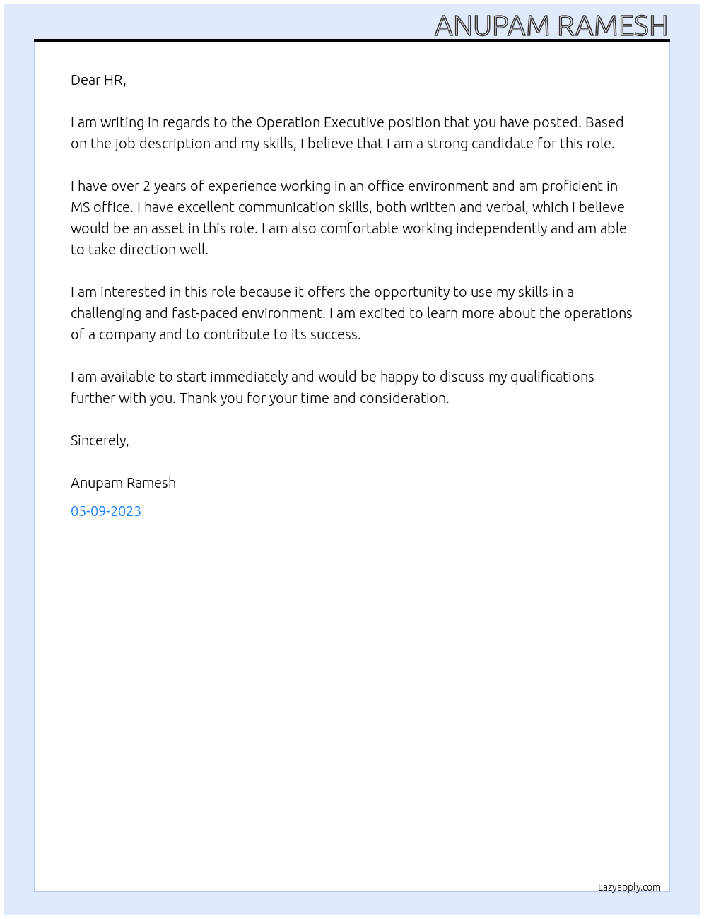 Operation Executive At Paytm Cover Letter
