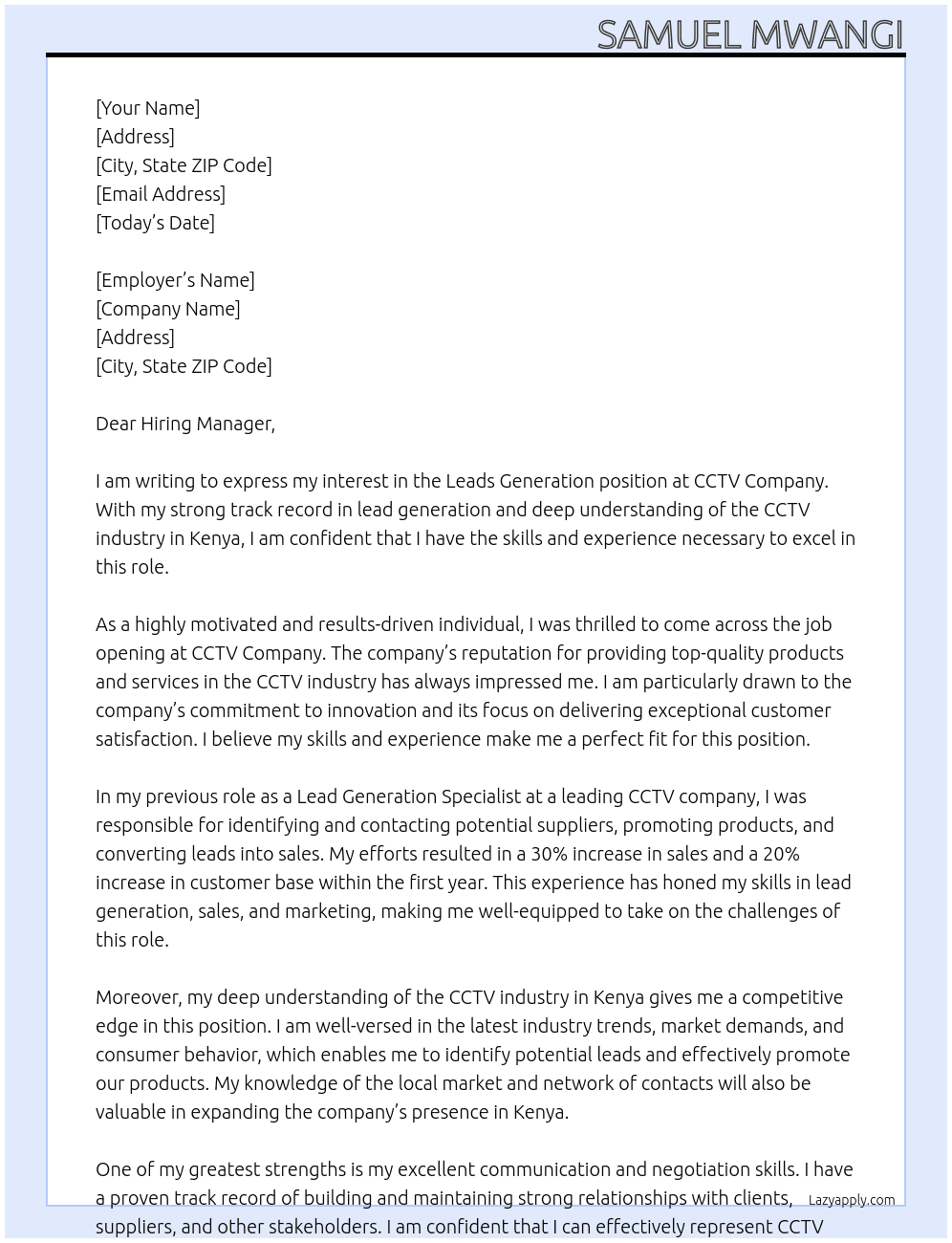 Leads Generation At CCTV company Cover Letter