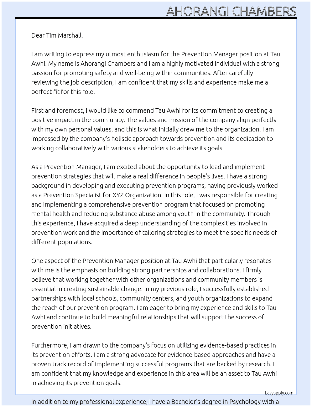 Prevention Manager At Tau Awhi Cover Letter