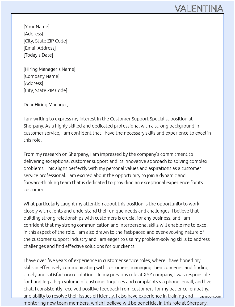 Customer Support Specialist At Sherpany Cover Letter