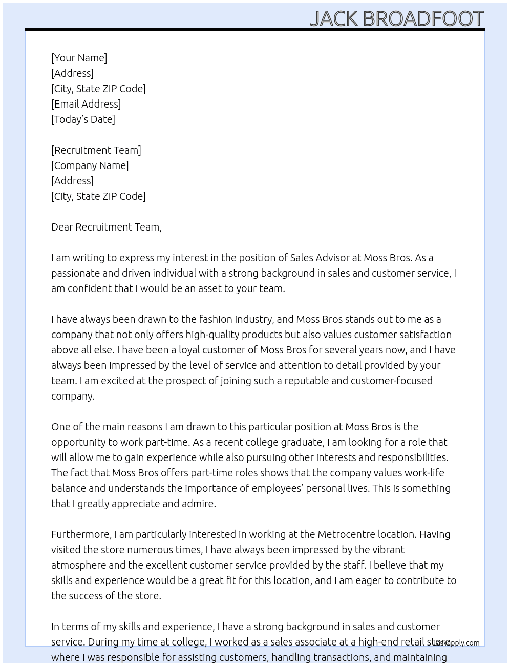 Sales Advisor At Moss Bros Cover Letter