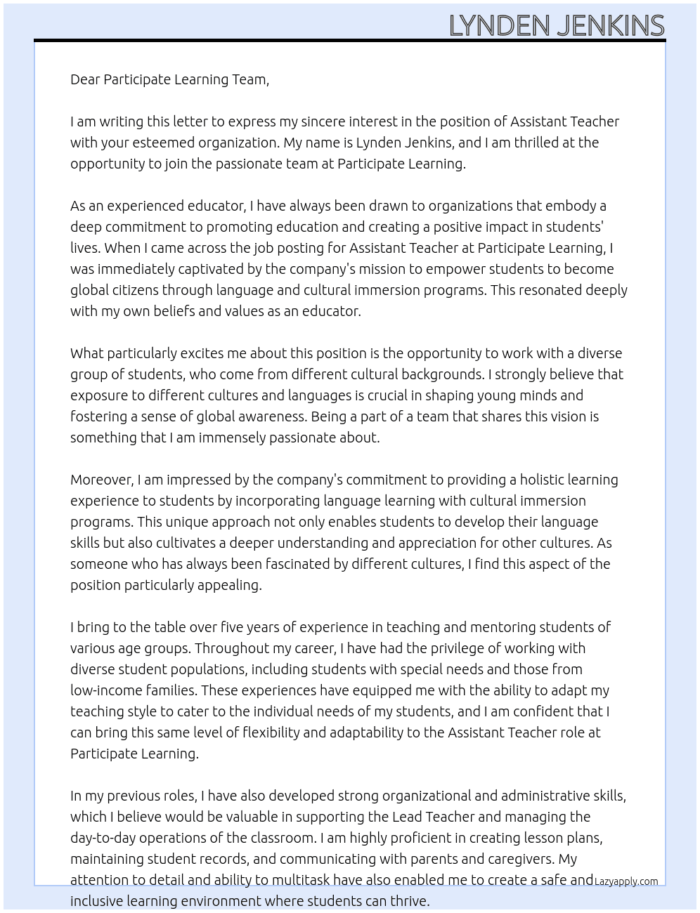 Assistant teacher At Participate Learning Team Cover Letter