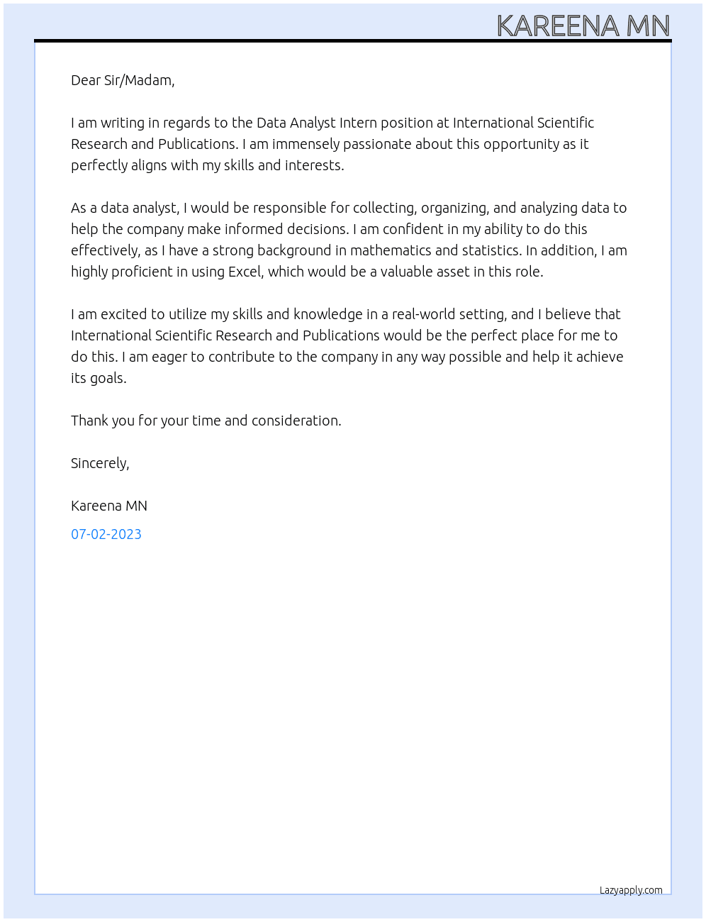 Data Analyst Intern At International Scientific Research and Publications Cover Letter