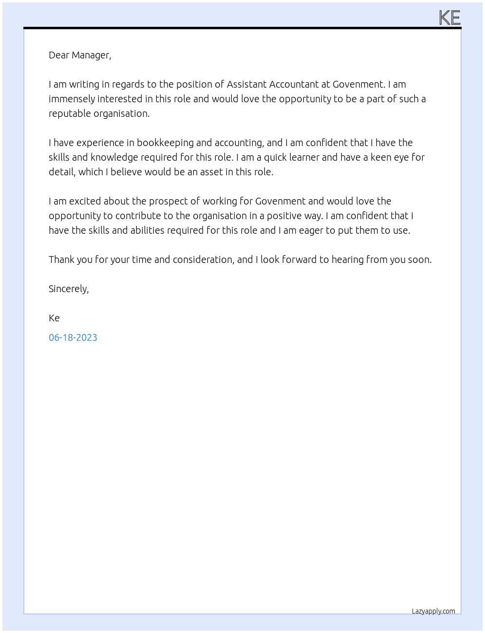 Assistant Accountant At Govenment  Cover Letter