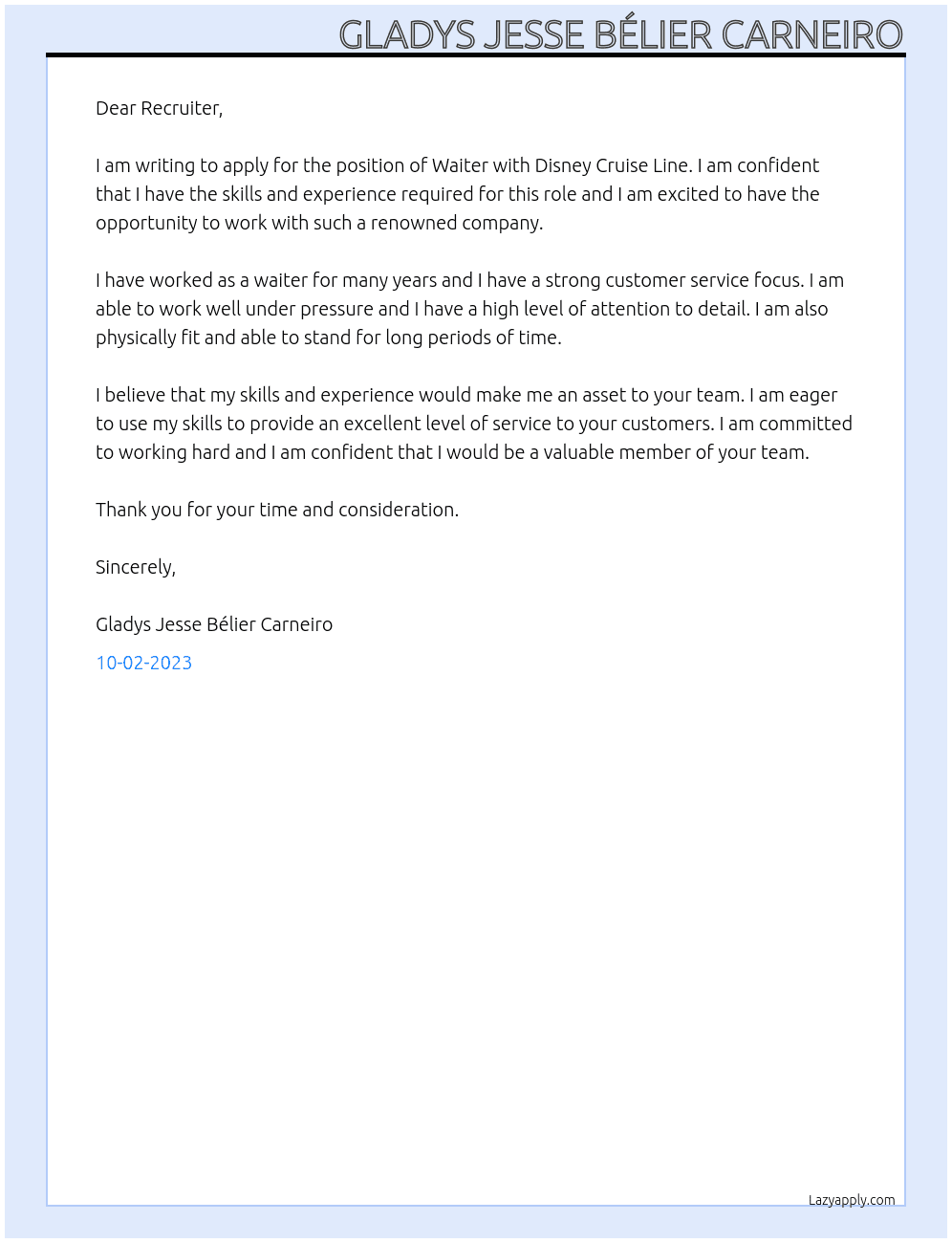 Waiter At Disney Cruise Line Cover Letter