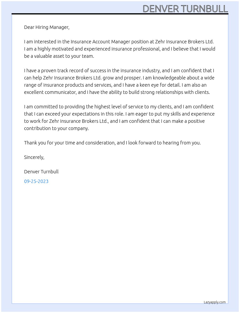 Insurance Account Manager  At Zehr Insurance Brokers Ltd. Cover Letter