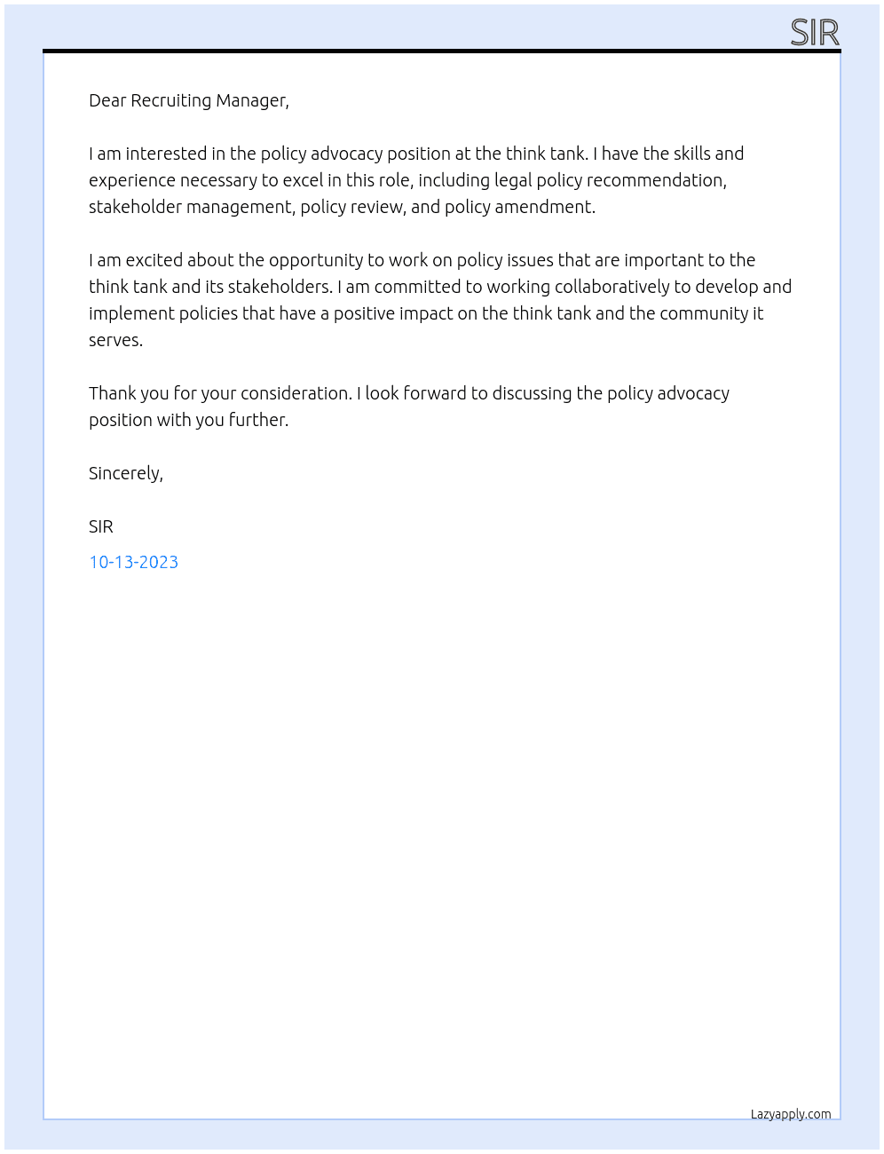 policy advocacy At think tank Cover Letter