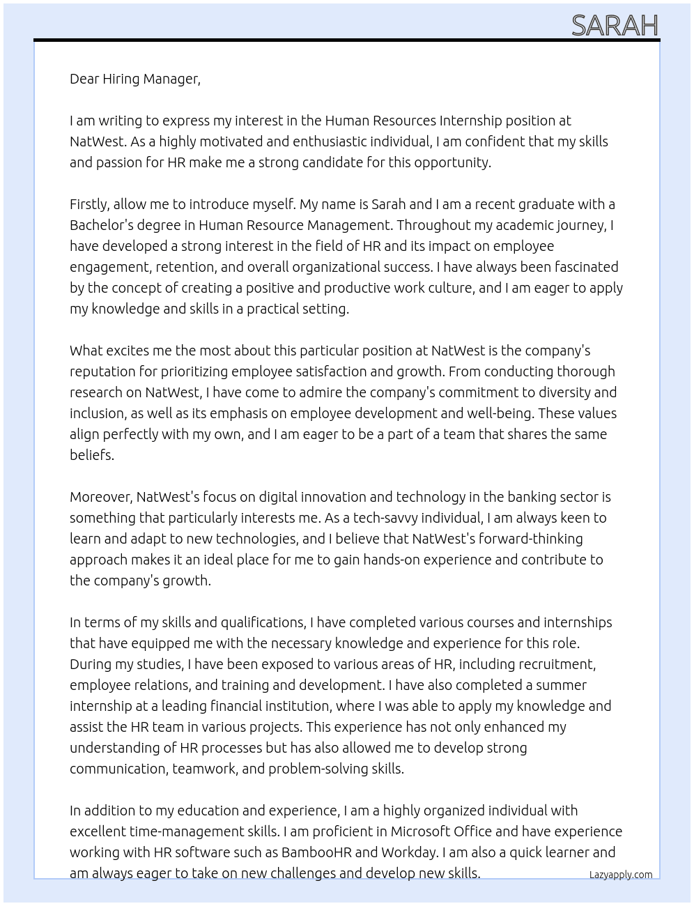 Human Resources Internship At NatWest Cover Letter