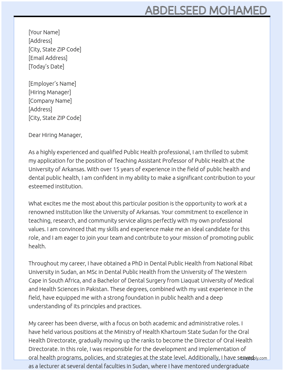 Teaching Assistant Professor of Public Health At University of Arkansas Cover Letter