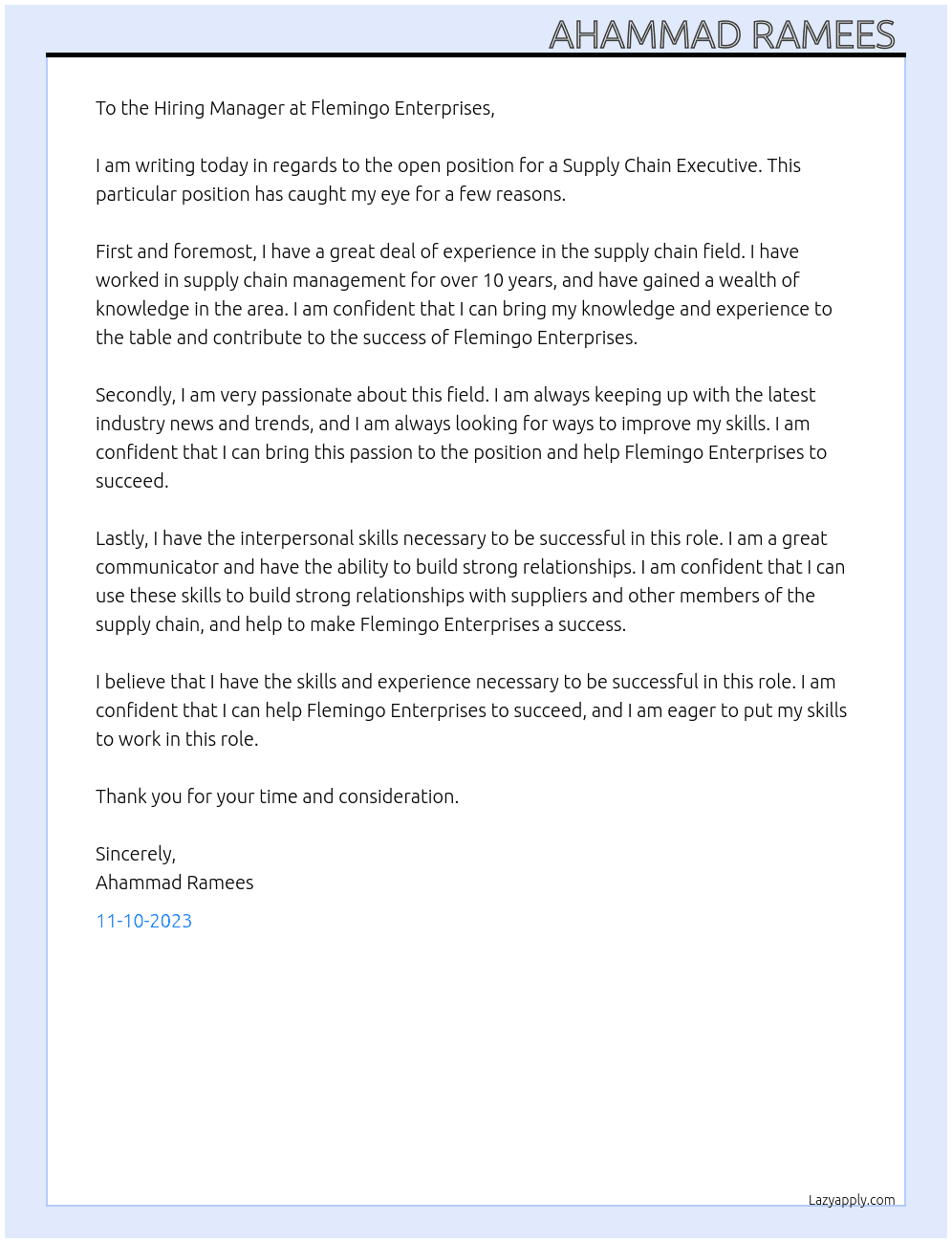 Supply chain executive  At Flemingo enterprise  Cover Letter