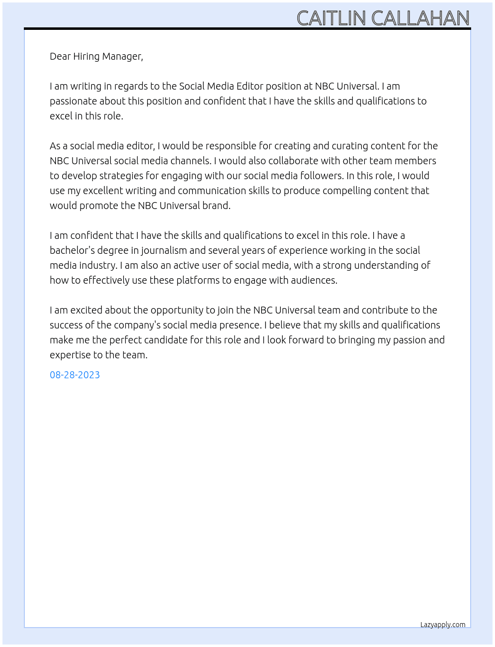 Social Media Editor At NBC Universal  Cover Letter