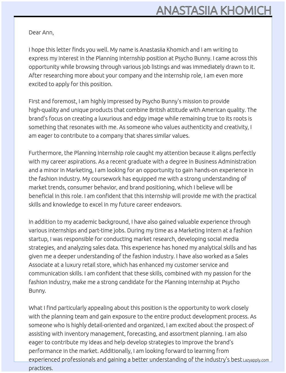 Planning Internship At Psycho Bunny Cover Letter