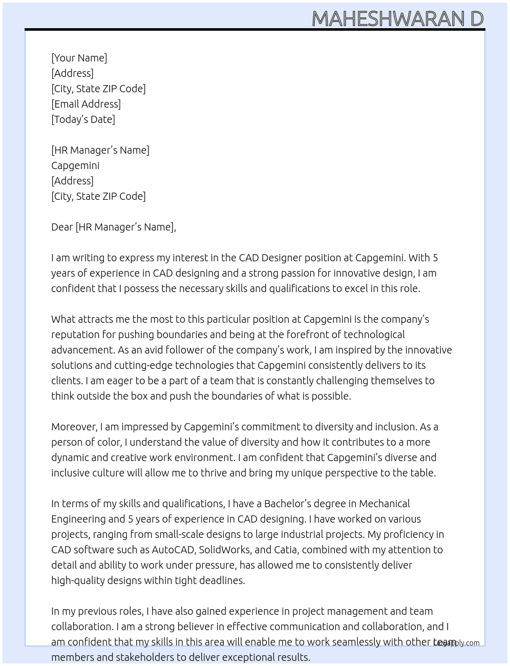 CAD designer  At capgemini Cover Letter