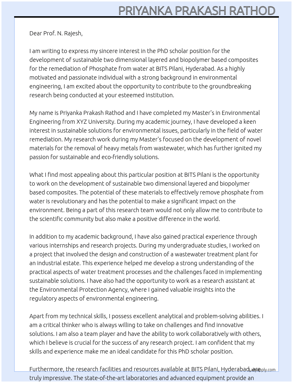 PhD scholar position for Development of sustainable two dimensional layered and biopolymer based composites for the remediation of Phosphate from water At BITS Pilani, Hydrabad  Cover Letter