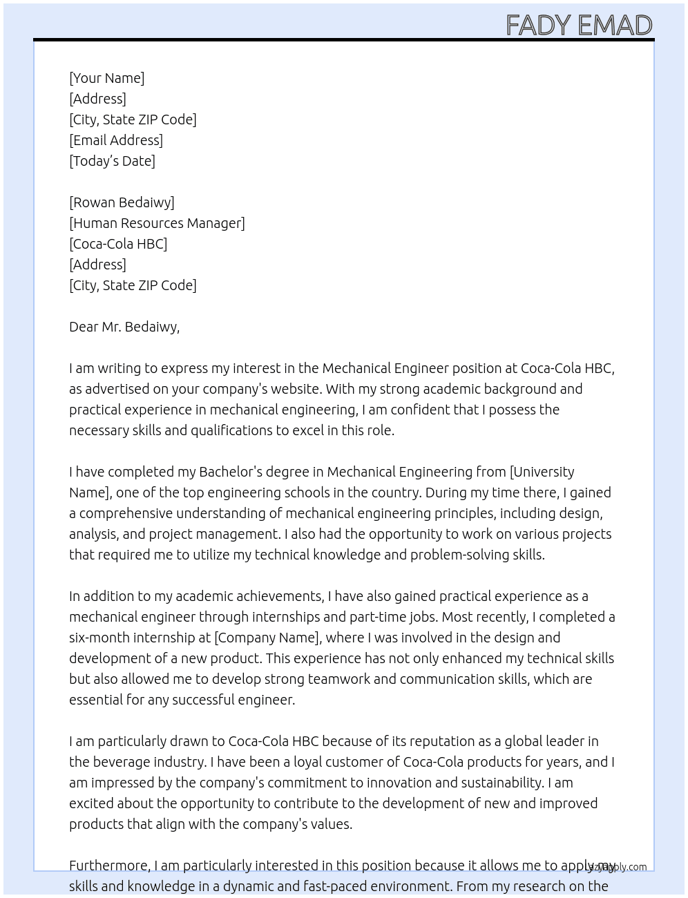 Mechanical Engineer At Coca-Cola HBC Cover Letter