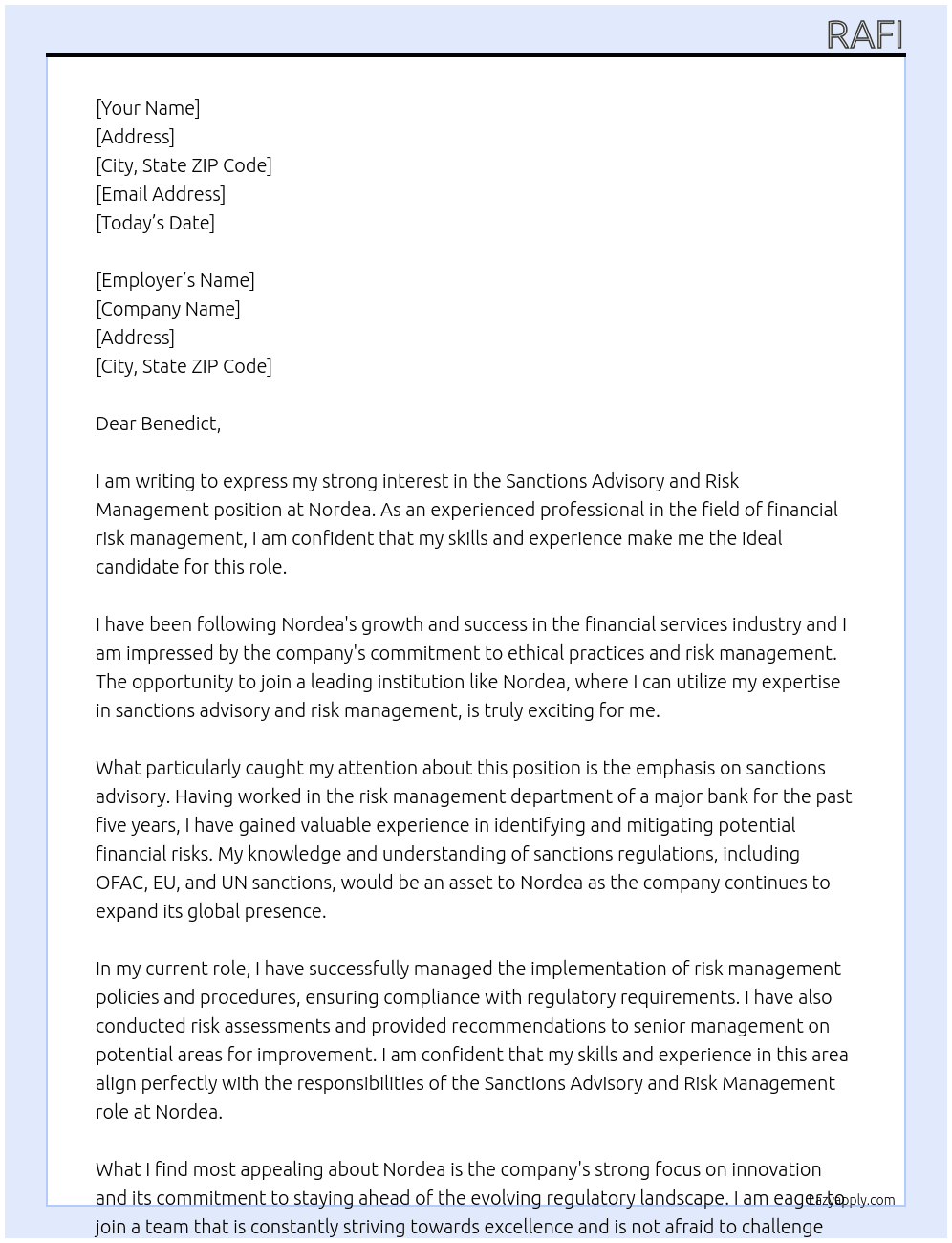 Sanctions advisory and risk management  At Nordea Cover Letter
