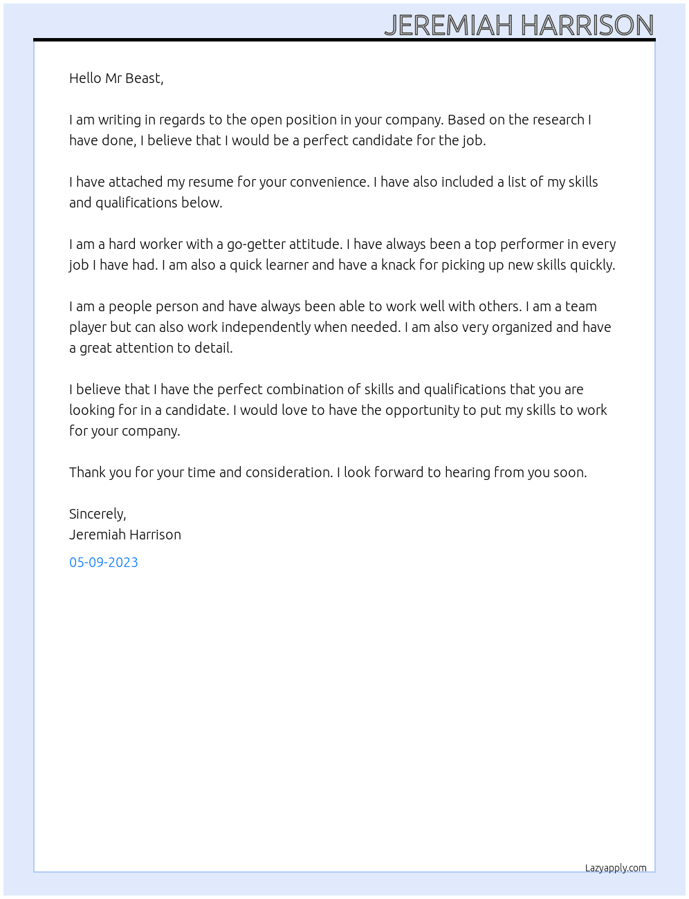 Open application  At Mr Beast  Cover Letter