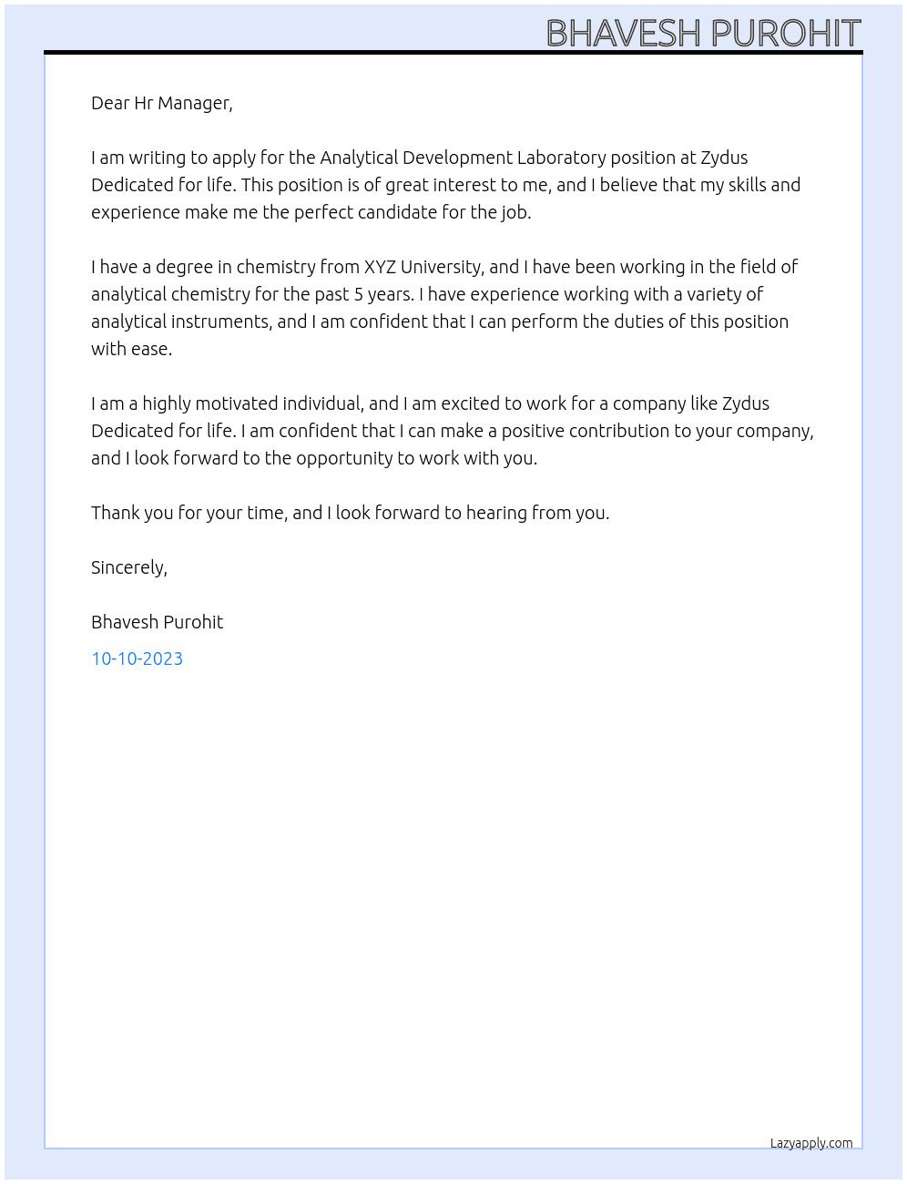 Analytical development laboratory  At Zydus Dedicated for life  Cover Letter