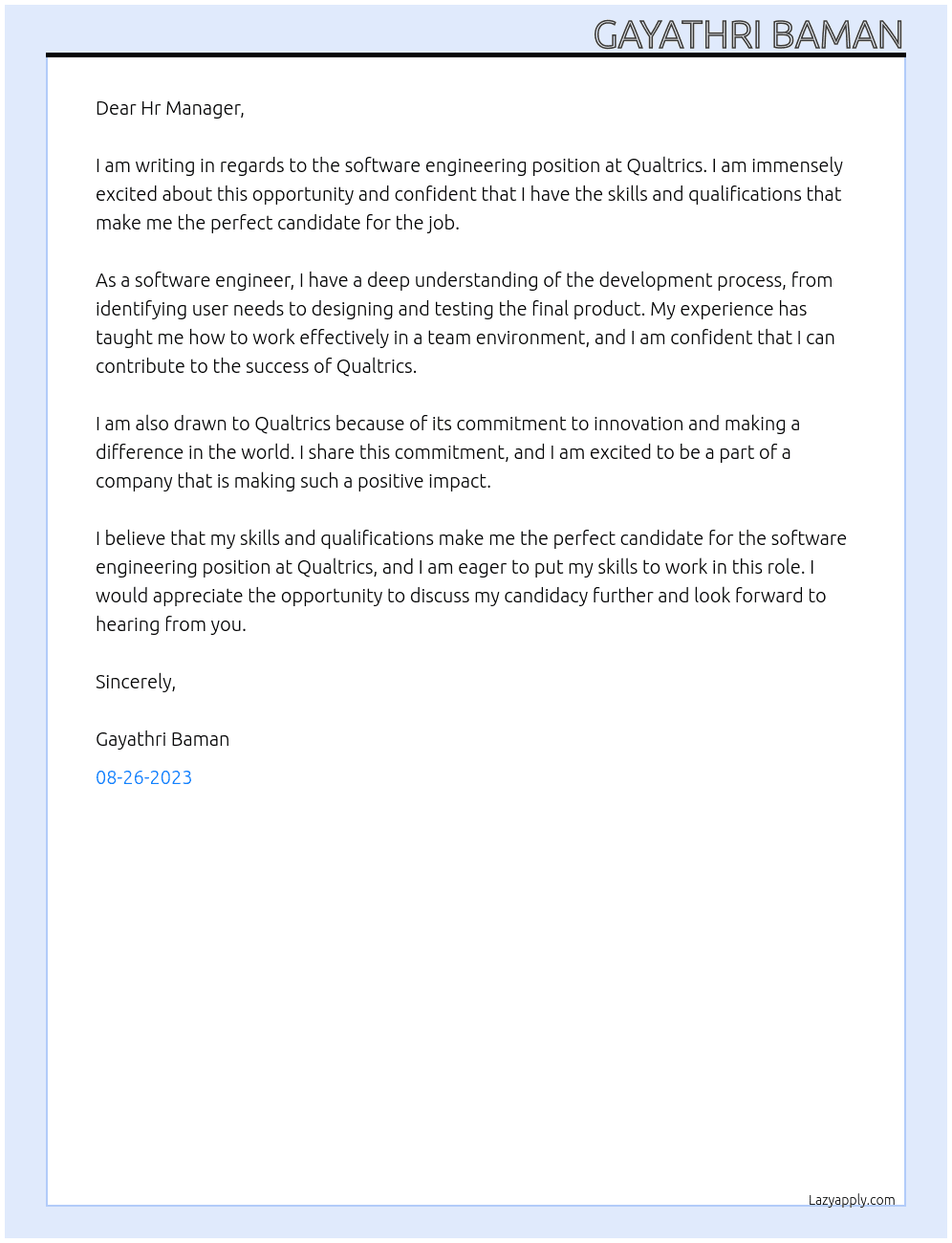 software engineering At Qualtrics Cover Letter