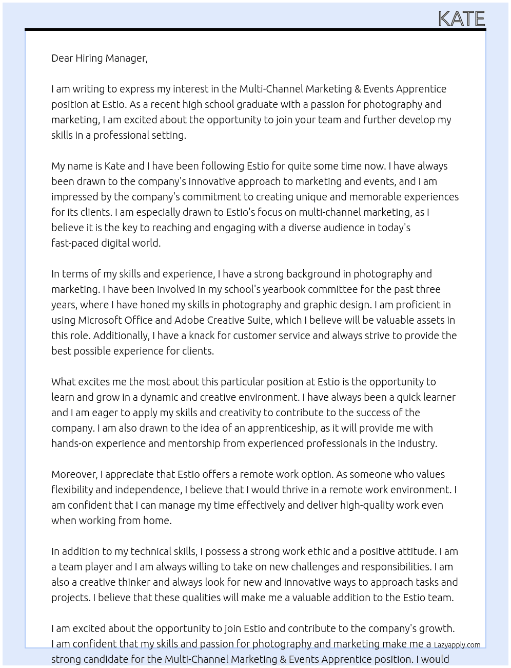 Multi-Channel Marketing & Events Apprentice At Estio Cover Letter