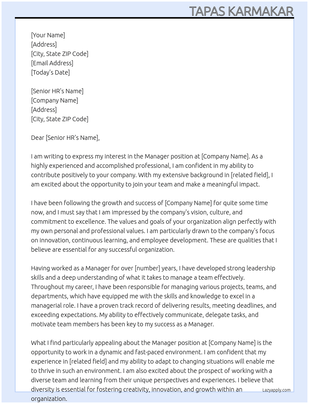 manager  At any relevent company  Cover Letter
