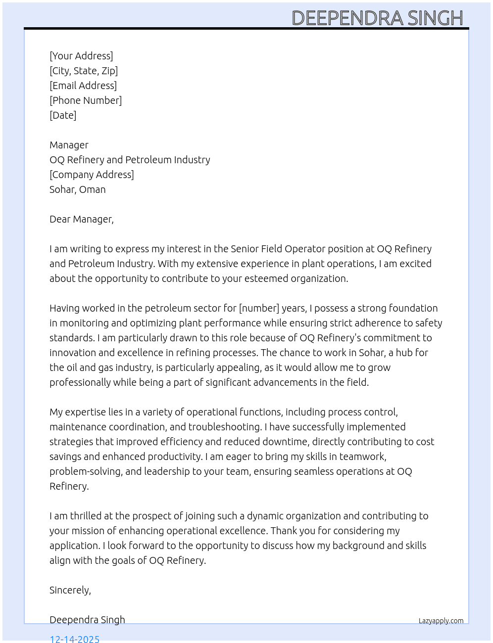 Cover letter for seniot field operator - LazyApply
