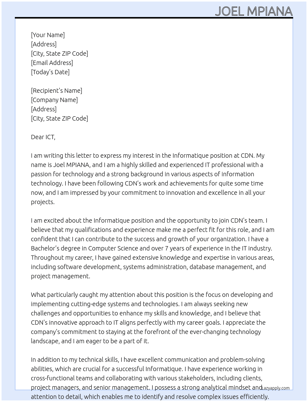 Informatique  At CDN Cover Letter