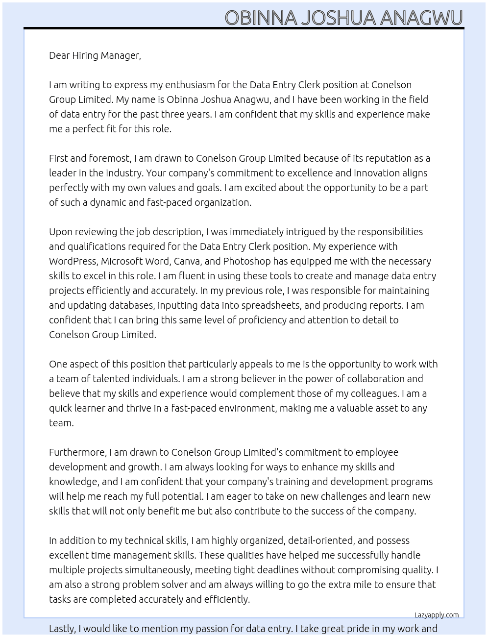 Data Entry Clerk  At Conelson Group Limited  Cover Letter