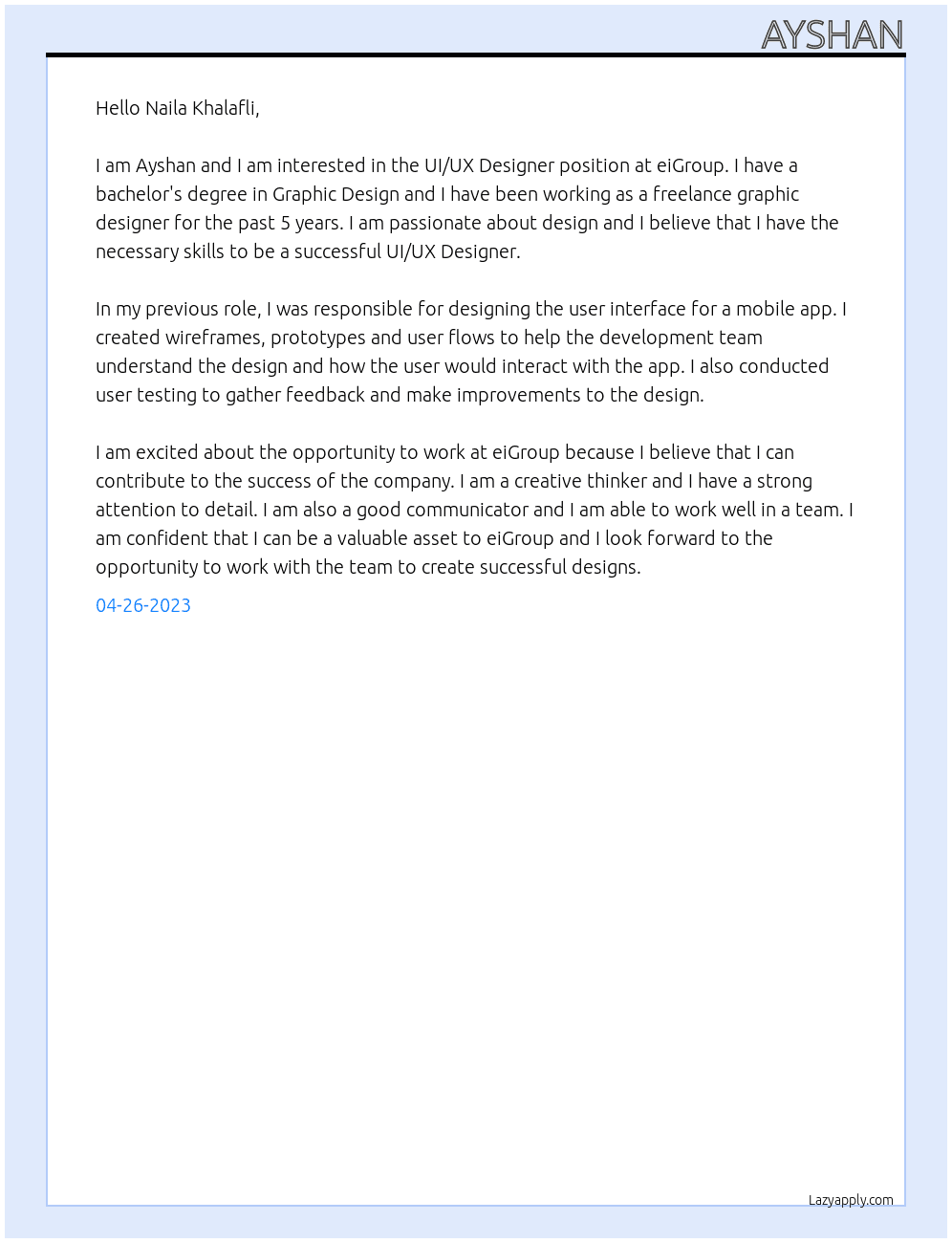 UI/UX Designer At eiGroup Cover Letter