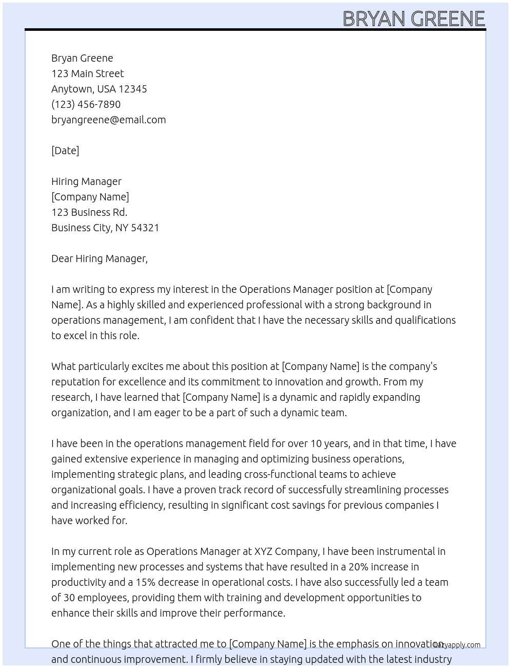 operations Manager At Bryan Greene Cover Letter