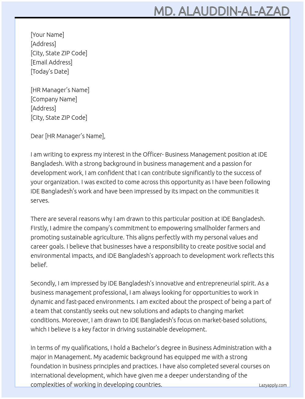 Officer- Business Management At iDE Bangladesh Cover Letter