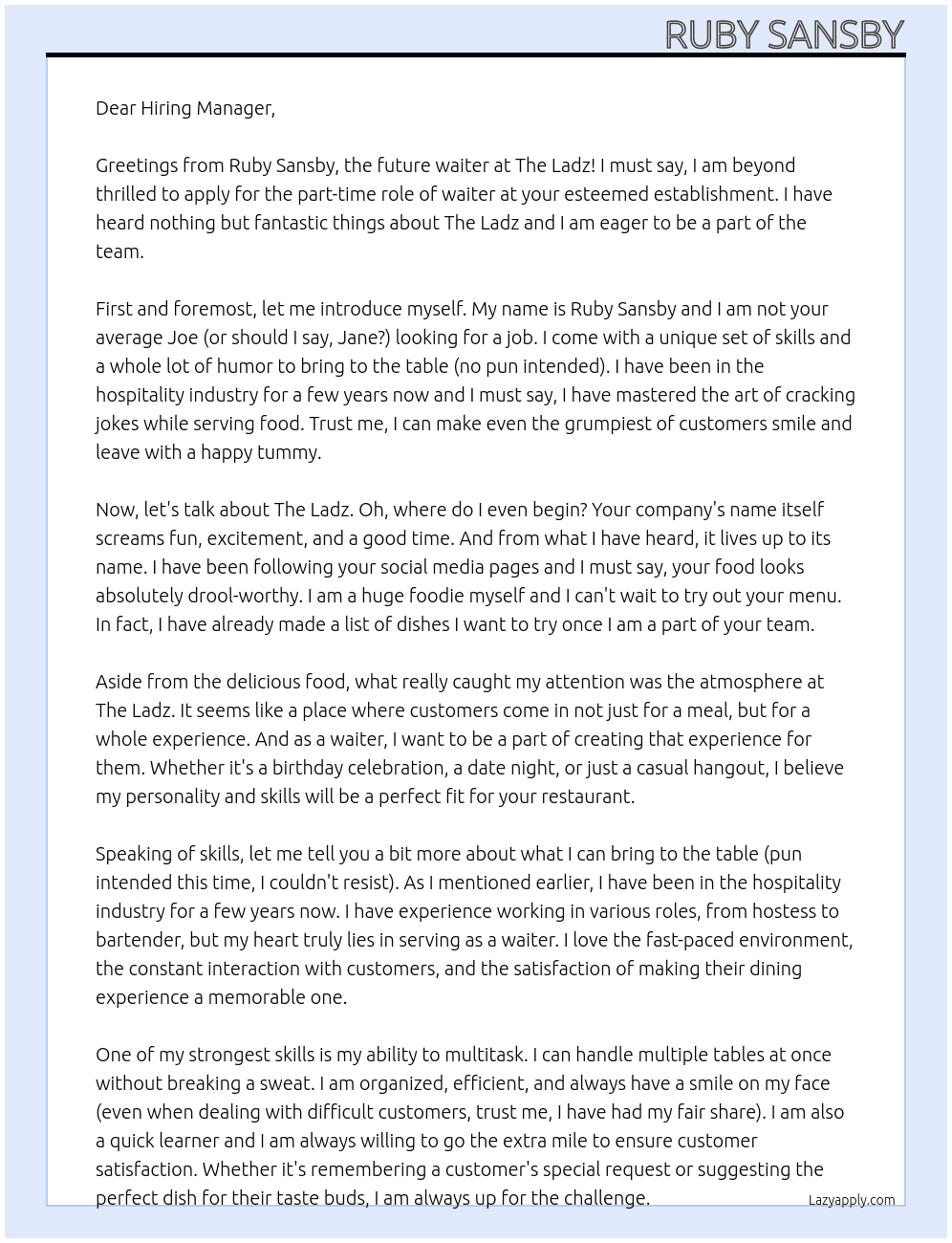 waiter At The ladz Cover Letter