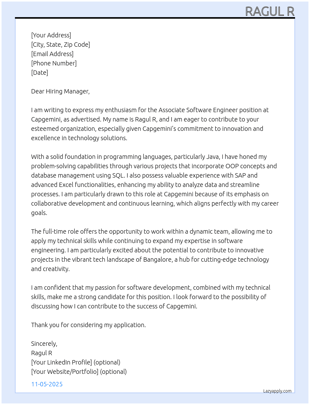 Associate software engineer  At capgemini  Cover Letter