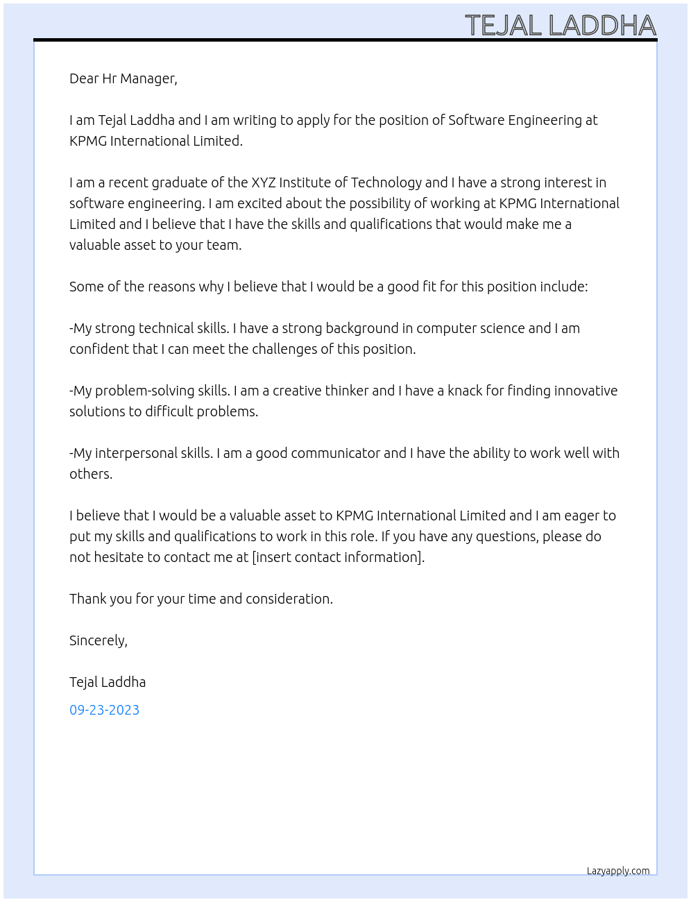 Software Engineering At KPMG International Limited  Cover Letter
