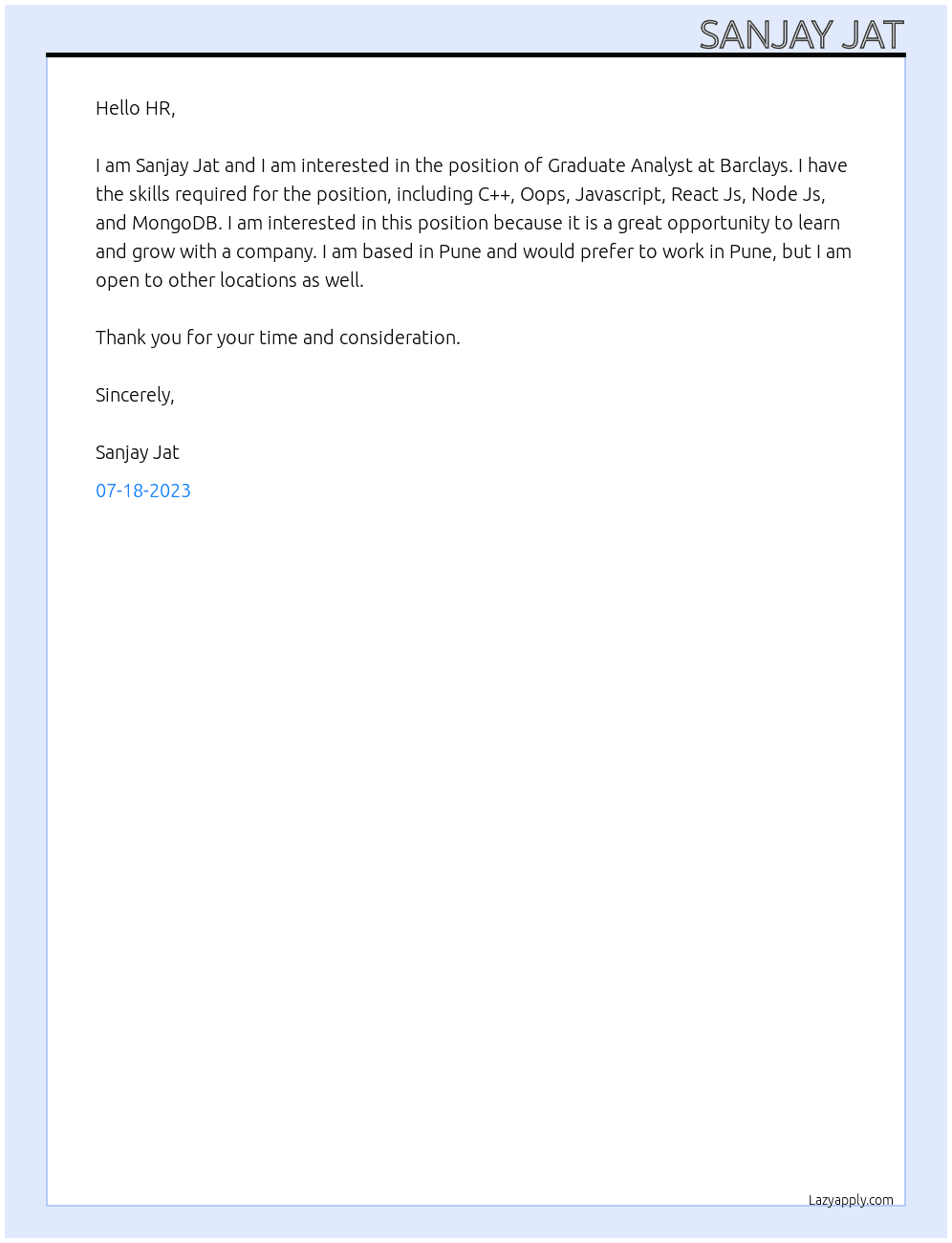 Graduate Analyst  At Barclays  Cover Letter