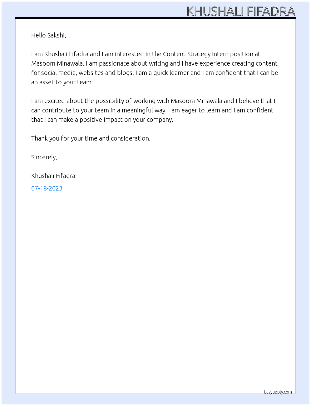 Content Strategy Intern At Masoom Minawala Cover Letter
