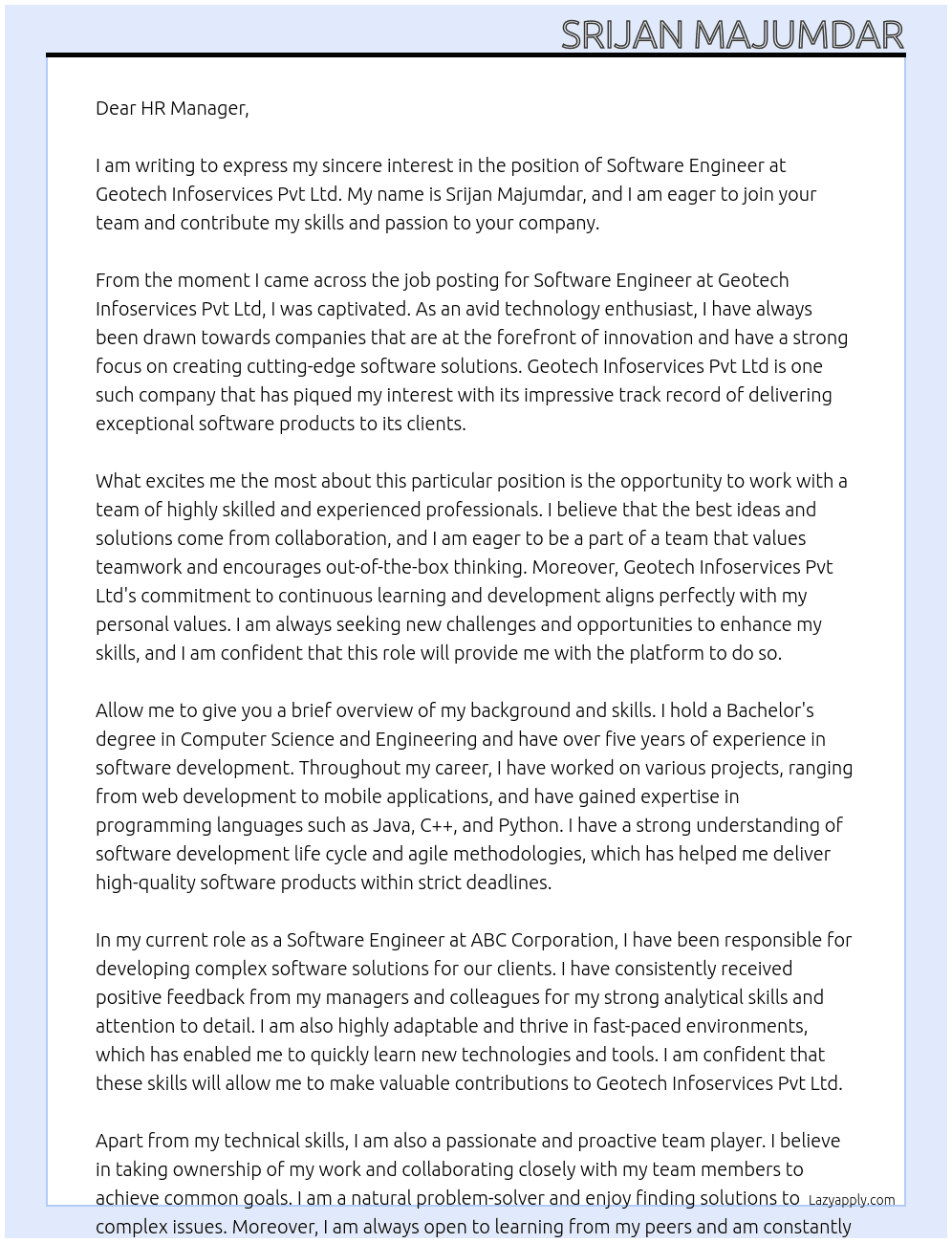 software engineer At GEOTECH INFOSERVICES PVT LTD Cover Letter