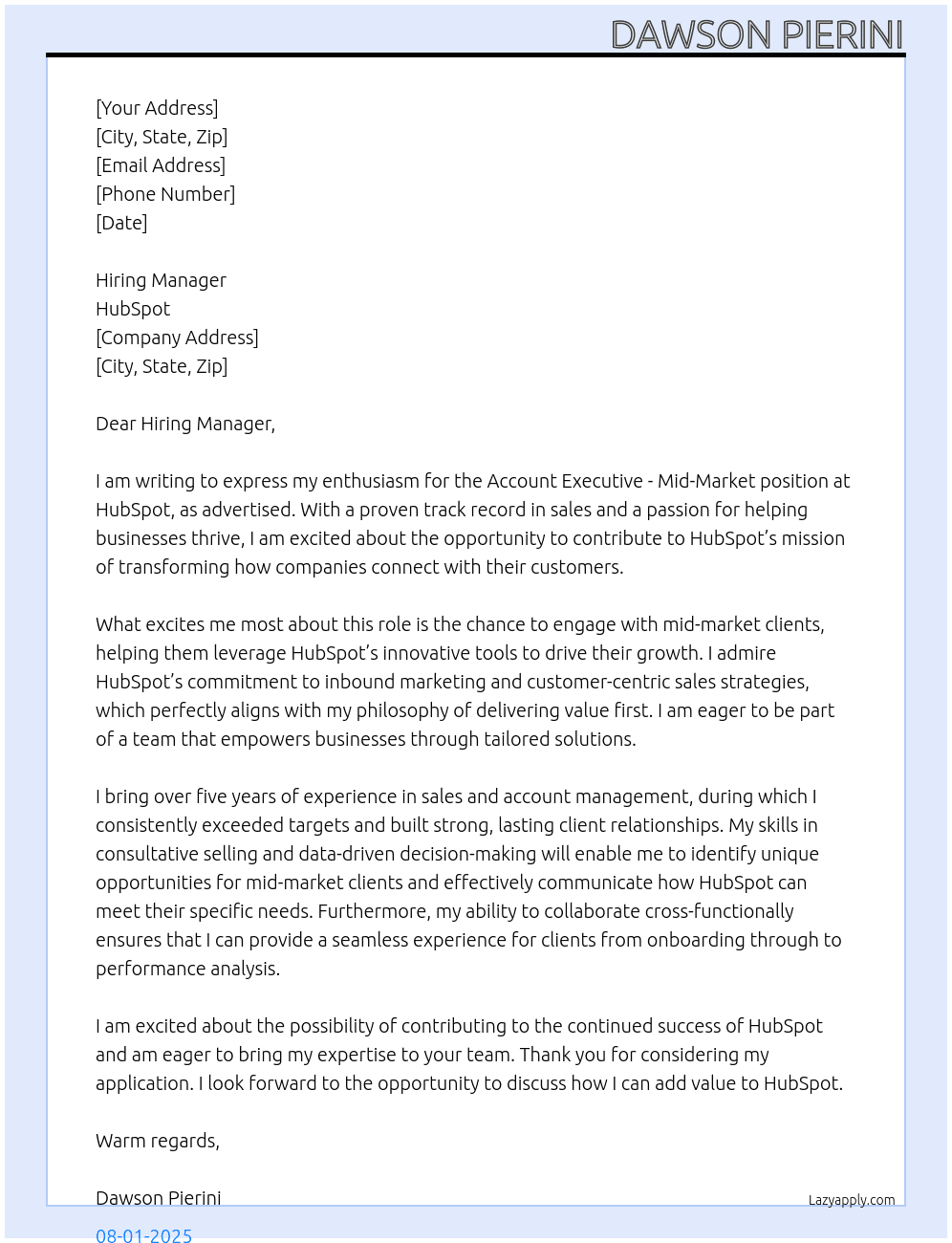  Account Executive - Mid-Market At HubSpot Cover Letter