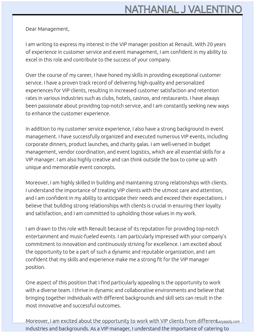 Hospitality and Events Coordinator At Renault  Cover Letter