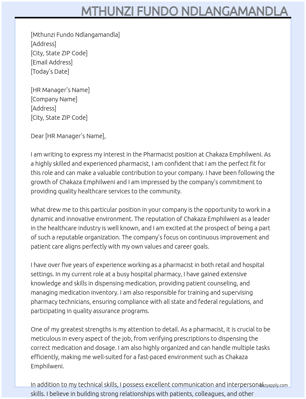 Pharmacist  At Chakaza Emphilweni  Cover Letter