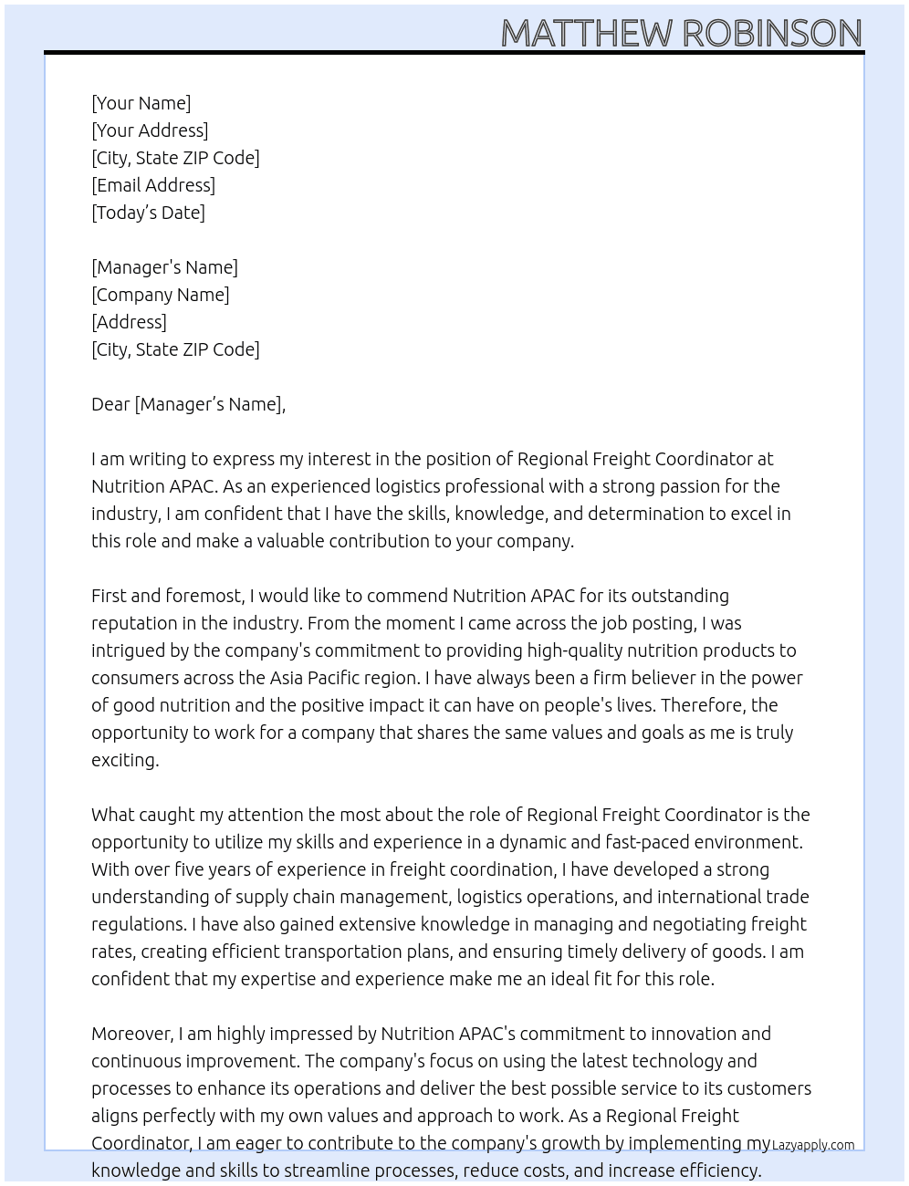 Regional Freight Coordinator At Nutrition APAC  Cover Letter
