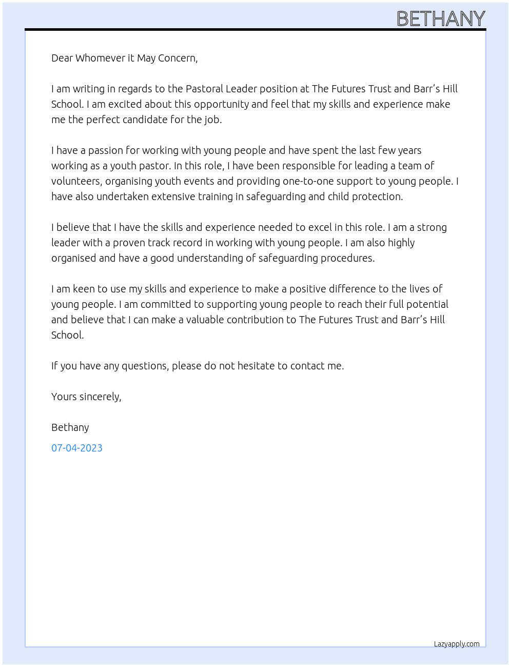 Pastoral Leader At The Futures Trust and Barr’s Hill School Cover Letter