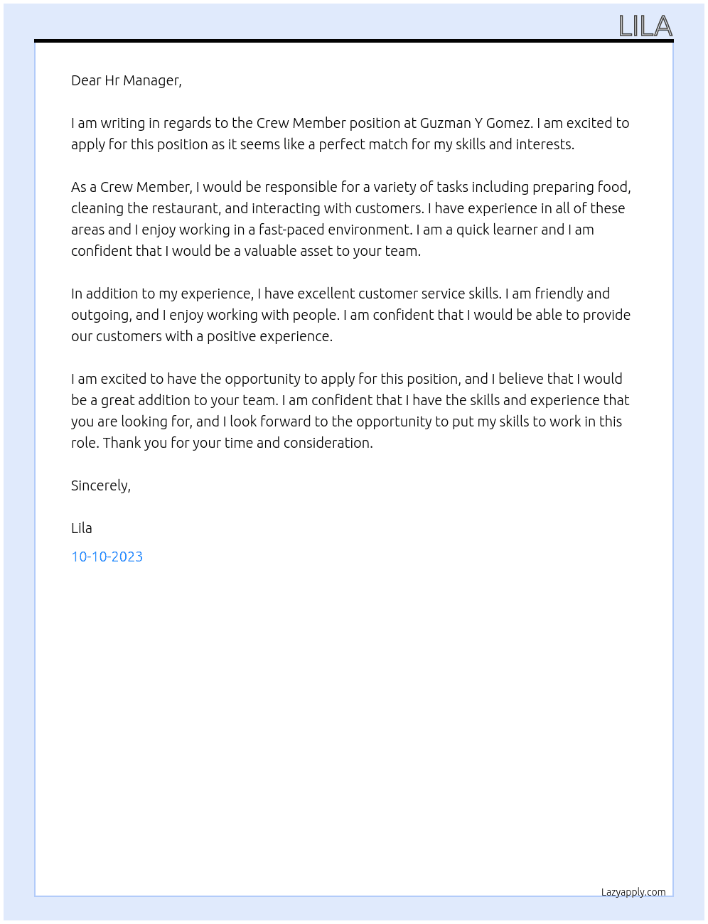 Crew Member At Guzman Y Gomez Cover Letter