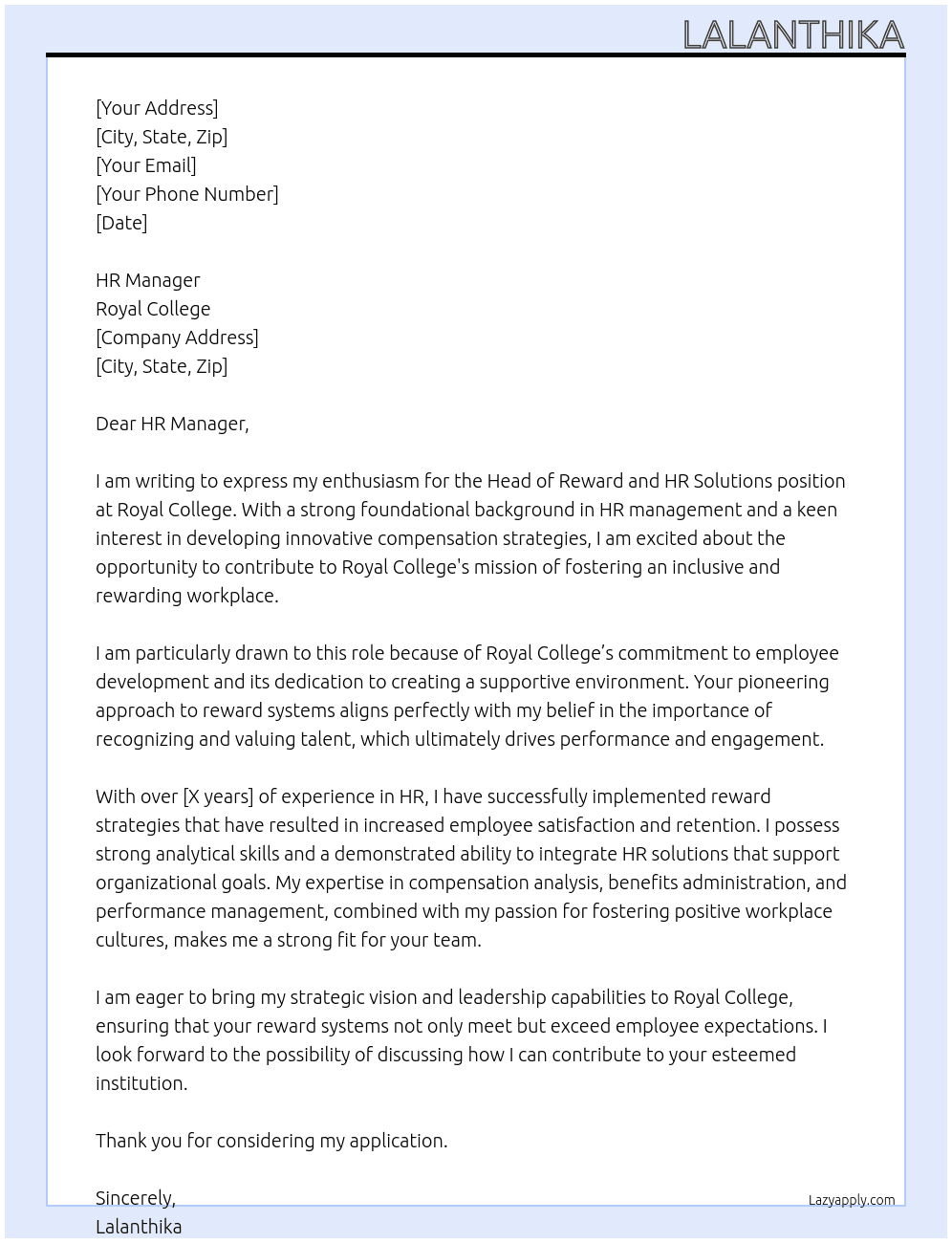 Head of Reward and HR Solutions At Royal College Cover Letter