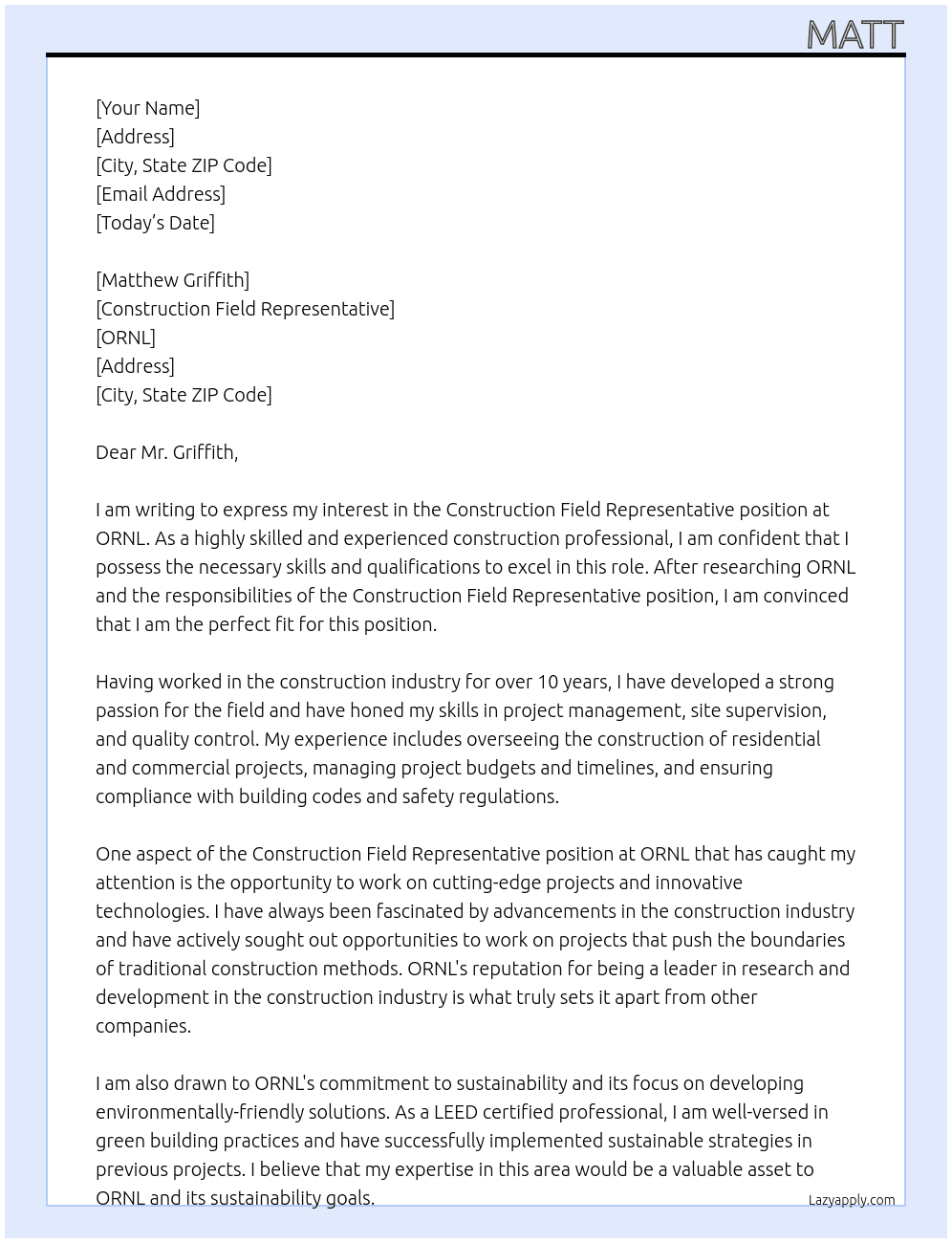 Construction Field Representative At ORNL Cover Letter