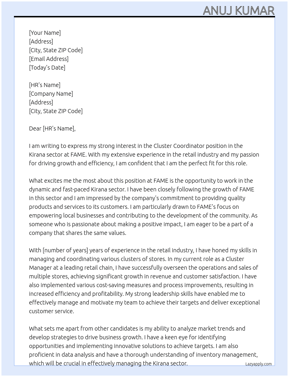 Cluster Coordinator- Kirana Sector  At FAME  Cover Letter