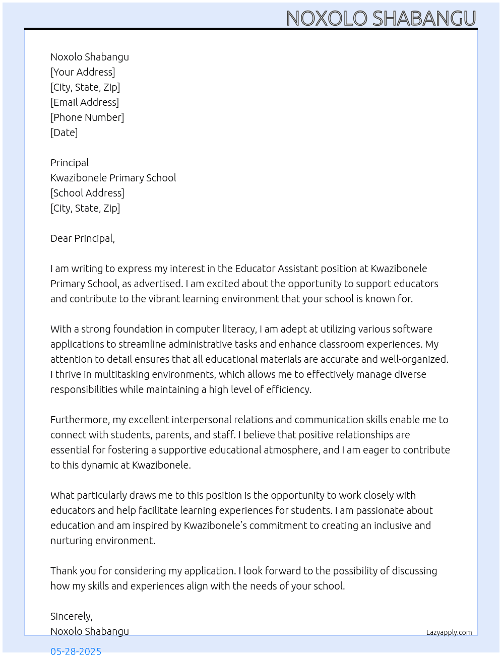 Educator Assistant  At Kwazibonele Primary School Cover Letter