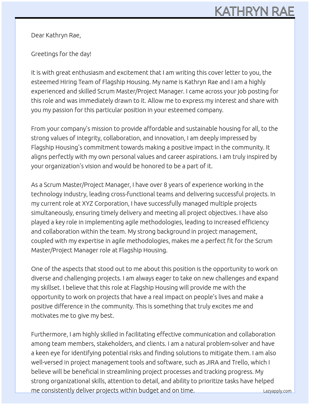 Scrum Master / Project Manager At Flagship Housing Cover Letter