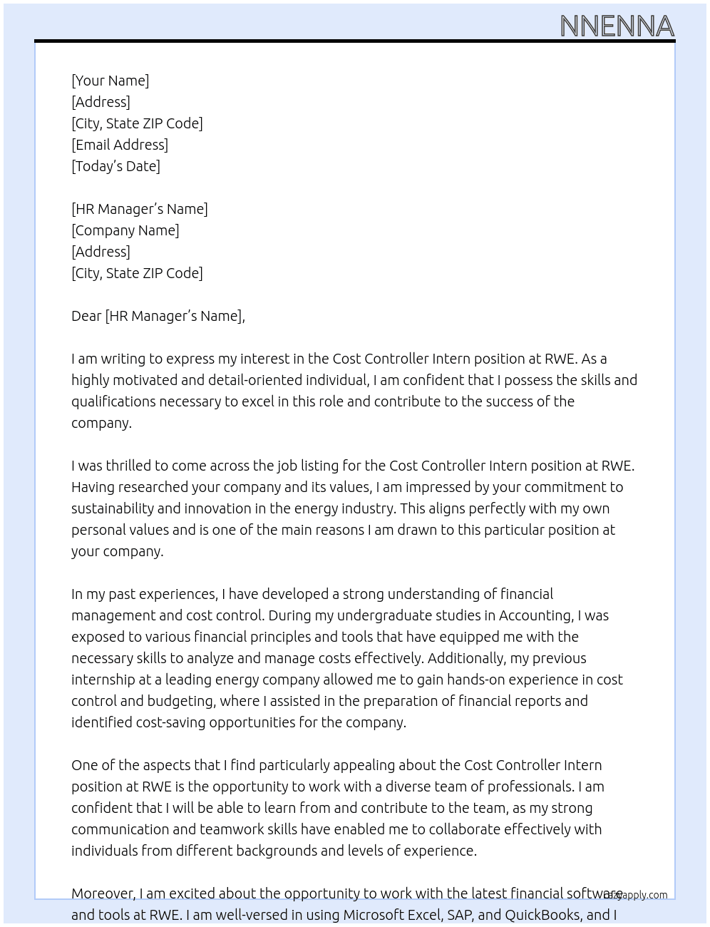 cost controller intern At RWE Cover Letter