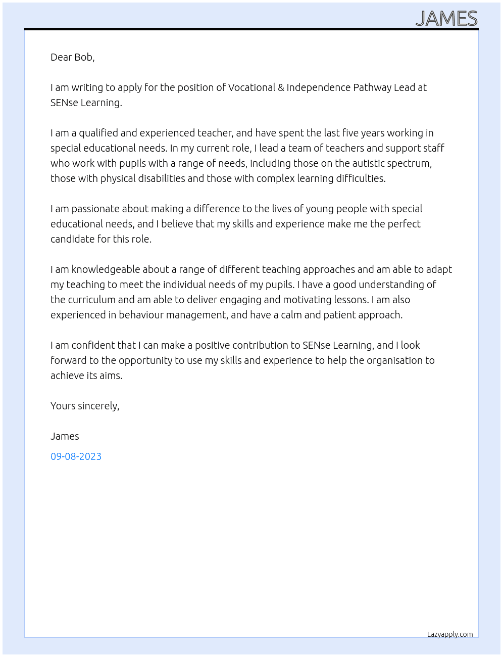 Vocational & Independence Pathway Lead At SENse Leanring Cover Letter